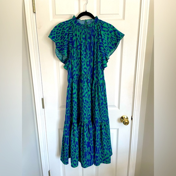 Pinch Dresses & Skirts - Pinch green and blue leopard print mock flutter tier maxi dress